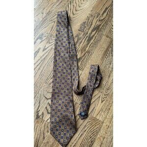 Perry Ellis Brown With Blue Squares 100% Italian‎ Silk Men’s Tie Career Work EUC